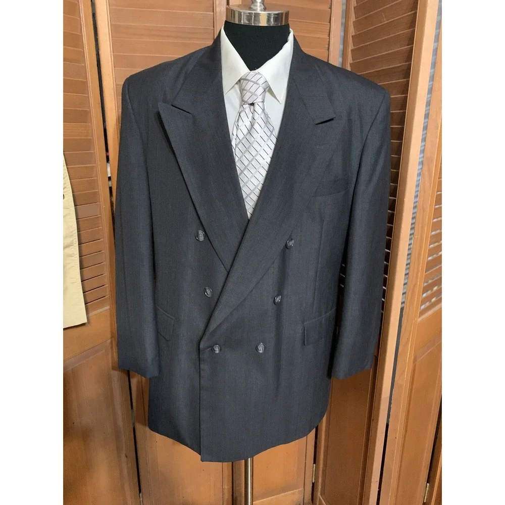 Vtg 80s Charcoal Gray Double Breast Sports Coat 46L Barrington Blue Pinstripe
